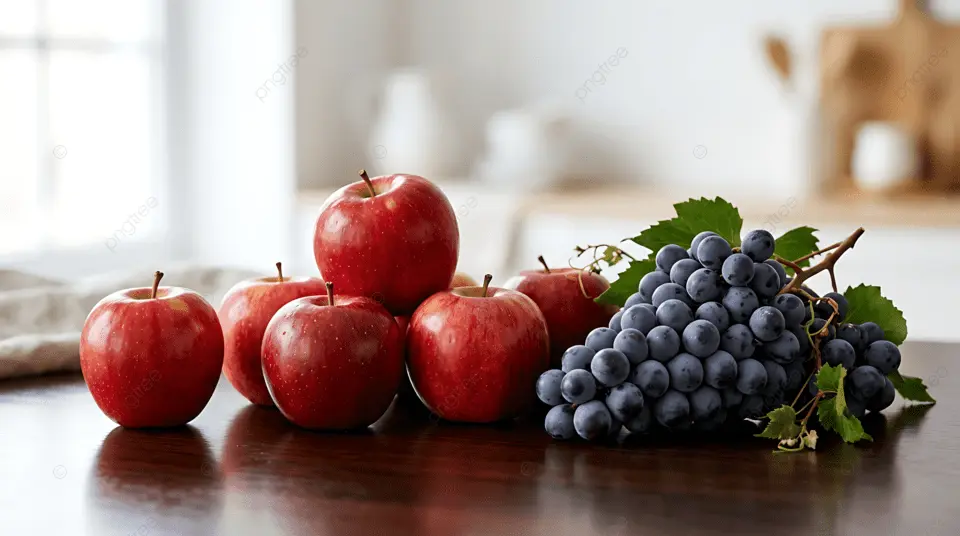 A bright kitchen counter in the morning with a glass of water, fresh fruit, and an open planner